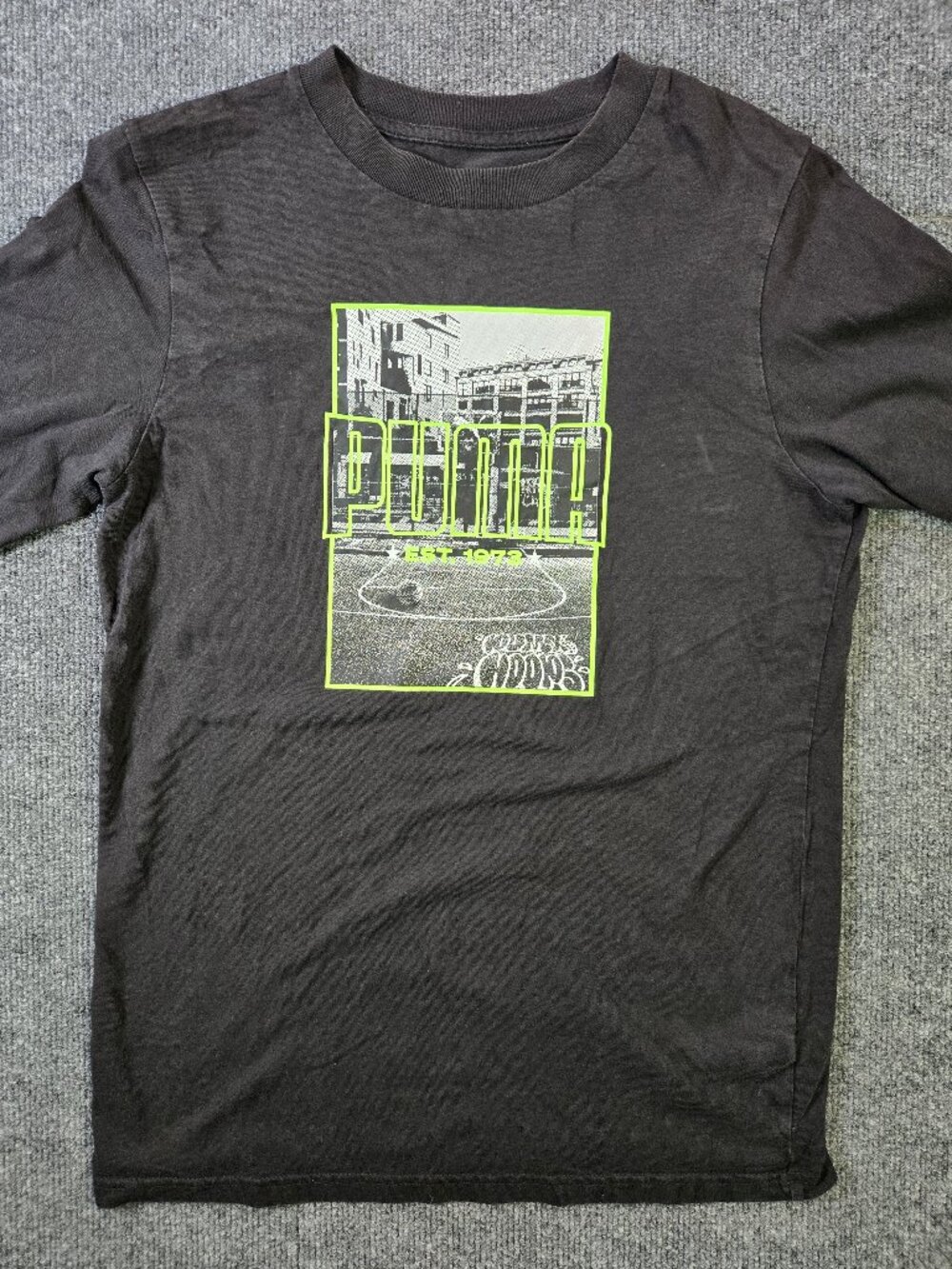 Puma Basketball T Shirt Mens Small Black Neon Green Graphic EST 1973 Tee